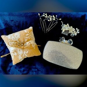 Wedding bundle: ring pillow (with decoy metal rings), bridal hairpieces, clutch
